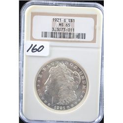 1921-S MORGAN DOLLAR - NGC MS65 - COIN WORLD  LISTS A MS65 @ $1,500.00