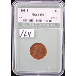 KEY DATE - 1909-S VDB LINCOLN CENT - NTC  MS61RB (COIN WORLD LISTS A MS60 @ $1,700.00 &  A MS63 @ $2