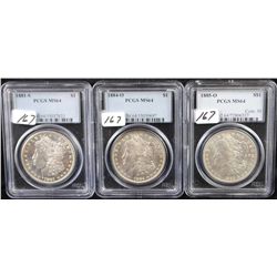 THREE MORGAN DOLLARS - PCGS MS64 - 1881-S,  1884-0, 1885-0 -  SOLD PER COIN TIMES 3