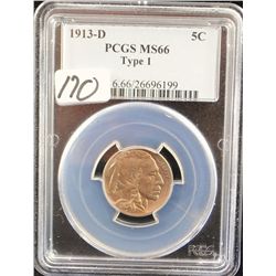 1913-D TYPE I BUFFALO NICKEL - PCGS MS66 -  PCGS WEBSITE LISTS A MS66 @ $540.00