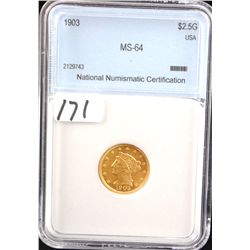 1903 $2  1/2 INDIAN GOLD COIN - NNC MS64 -  COIN WORLD LISTS A MS64 @ $1,250.00