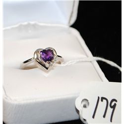 LADIES 14K WHITE GOLD AMETHYST AND DIAMOND  RING WITH ONE HEART SHAPED AMETHYST CENTER  AND THREE RO