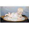 Image 1 : VINTAGE BISQUE PIANO BABY ON MIRROR DRESSER  TRAY - APPROX. 10" LONG & 5 1/2" TALL - NO  DAMAGE