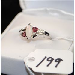WOMENS 14K WHITE GOLD OPAL,  GARNET & DIAMOND  RING WITH ONE MARQUISE CUT OPAL, TWO  TRILLION  CUT G