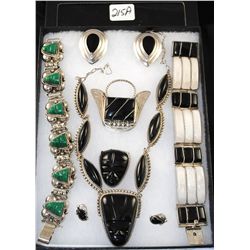 VINTAGE SILVER JEWELERY FROM MEXICO -  NECKLACE WITH MATCHING EARRINGS, TWO CARVED  BRACELETS, TWO B