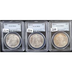 THREE MORGAN DOLLARS - PCGS MS64 - 1889,  1899-0, 1900-0 - SOLD  PER COIN TIMES  3