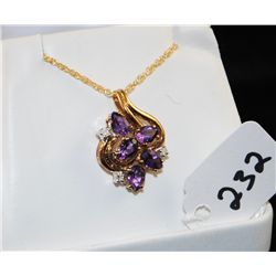 LADIES AMETHYST AND DIAMOND PENDANT WITH FIVE  LAB CREATED OVAL CUT AMETHYSTS AND THREE  ACCENT DIAM