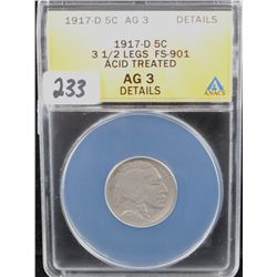RARE 1917-D 3 1/2 LEGS BUFFALO NICKEL - ANACS  AG3 - DETAILS (ACID TREATED)