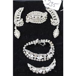 VINTAGE RHINESTONE JEWELRY - PAIR OF DANGLE  EARRINGS, TWO BROOCHES AND BRACELET WITH  SAFETY CHAIN 