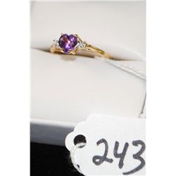 LADIES HEART SHAPED AMETHYST & DIAMOND RING  WITH ONE HEART SHAPED AMETHYST CENTER AND TWO  DIAMOND 