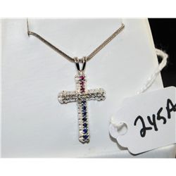 LOVELY 14K RUBY, SAPPHIRE & DIAMOND CROSS AND  CHAIN - WEIGHS 3.3 GRAMS - APPRAISED RETAIL  REPLACEM
