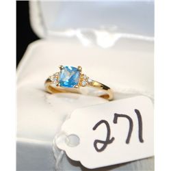VINTAGE BLUE TOPAZ AND DIAMOND RING WITH ONE  SQUARE CUT BLUE TOPAZ CENTER GEMSTONE AND SIX  ACCENT 