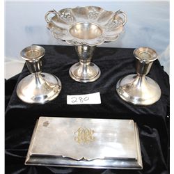 VINTAGE DESK BOX, ART DECO COMPOTE AND CANDLE  HOLDERS