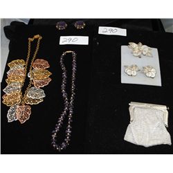 VINTAGE COSTUME JEWELRY - LADIES CHANGE  PURSE, MATCHING NECKLACE & EARRINGS, BROOCH &  EARRING SET,
