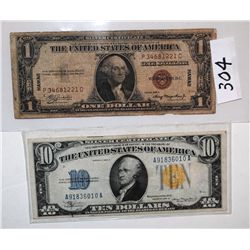 $10 SILVER CERTIFICATE - SERIES 1934-A - GOLD  SEAL AND $1 SILVER CERTIFICATE "HAWAII" -  SERIES 193