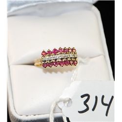 WOMENS RUBY AND DIAMOND RING WITH FOURTEEN  RUBIES AND SEVEN DIAMONDS SET IN 10K YELLOW  GOLD RING -