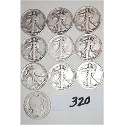 9 WALKING LIBERTY AND 1 BARBER HALF DOLLARS  FROM SAFE DEPOSIT - MIXED DATES AND MINTS -  SOLD  PER 
