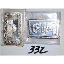 TWO ONE OUNCE .999 FINE SILVER BARS - ONE  VIRGINIA CITY & ONE FISH STAMPED ON IT - SOLD  PER COIN T