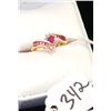 Image 2 : 10K YELLOW GOLD RUBY AND DIAMOND RING WITH  ONE HEART SHAPED CENTER RUBY, TEN CHANNEL SET  BAGUETTE 