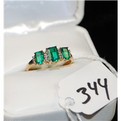EMERALD AND DIAMOND RING WITH THREE EMERALD  CUT LAB CREATED EMERALDS AND TWO ACCENT  DIAMONDS SET I