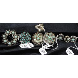SIX PIECES OF VINTAGE TURQUOISE JEWELRY -  NECKLACE, FOUR BROOCHES AND ONE PAIR OF  EARRING