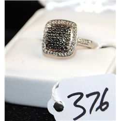 FANCY BLACK AND WHITE DIAMOND SILVER  (STERLING) RING - APPAISED RETAIL REPLACEMENT  IS $695.00 - CO