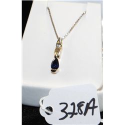 WOMENS 14K WHITE GOLD SAPPHIRE AND DIAMOND PENDANT WITH ONE PEAR SHAPED BLUE SAPPHIRE AND ONE DIAMON