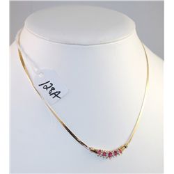 LADIES 14K YELLOW GOLD RUBY AND DIAMOND NECKLACE WITH FIVE MARQUISE CUT RUBIES AND EIGHT DIAMONDS - 