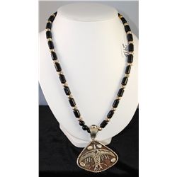 CUSTOM MADE ONYX, GARNET & MOTHER OF PEARL NECKLACE - REVERSIBLE WITH THUNDERBIRD ON ONE SIDE - APPR