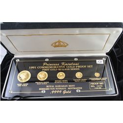 RARE 1991 PRINCESS KAIULANI GOLD PROOF COMMEMORATIVE SET WITH ORIGINAL BOX AND CERTIFICATE OF AUTHEN