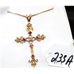 ORNATE 14K YELLOW GOLD RUBY AND DIAMOND CROSS AND CHAIN - APPRAISED RETAIL REPLACEMENT IS $1,925.00 