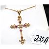 Image 1 : ORNATE 14K YELLOW GOLD RUBY AND DIAMOND CROSS AND CHAIN - APPRAISED RETAIL REPLACEMENT IS $1,925.00 