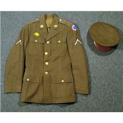 WWII UNIFORM COAT & VISOR HAT-W/PATCHES -ARMY GROUND