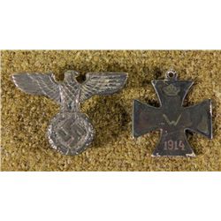 2 GERMAN ITEMS-NAZI EAGLE & SWASTIKA PIN,WWI IRON CROSS