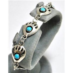 Navajo Turquoise Bear Paw Sterling Silver Link Bracelet - Joey McCray