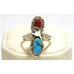 Zuni Coral & Turquoise Sterling Silver Snake Women's Ring - Effie Calavaza