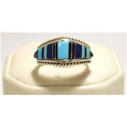 Zuni Multi-Stone Channel Inlay Sterling Silver Men's Ring - D. Panteah