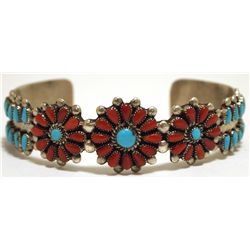 Old Pawn Zuni Coral & Turquoise Sterling Silver Cuff Bracelet - Irene Paylusi