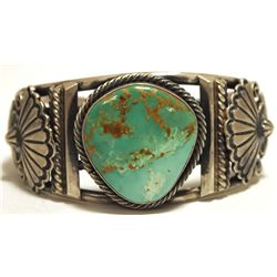 Old Pawn Navajo Green Fox Turquoise Sterling Silver Cuff Bracelet - Emer Thompson