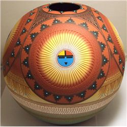 Navajo Etched & Painted Sun Face Pottery - Lori Smith