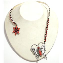 Navajo Coral Flower & Butterfly Sterling Silver Collar Necklace - Herman Smith