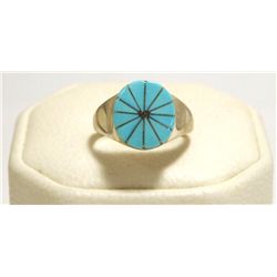 Zuni Turquoise Inlay Sterling Silver Women's Ring - Johnson Laweka