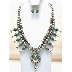 Navajo Green Turquoise Sterling Silver Squash Blossom Necklace & Earrings Set - L.F.K.