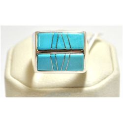 Navajo Turquoise Inlay Sterling Silver Men's Ring - Calvin Begay