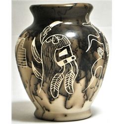 Cochiti Pueblo Dancer & Corn Stalk Etched Horsehair Pottery - WM