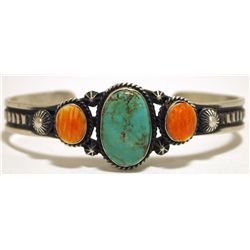 Navajo Green Turquoise & Spiny Oyster Sterling Silver Cuff Bracelet - Lindberg & Eva Billa