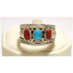 Navajo Coral & Turquoise Sterling Silver Men's Ring - Betty Begaye