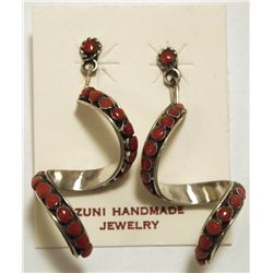 Zuni Coral Dots Sterling Silver Spiraling Post Earrings - Everett Abeita