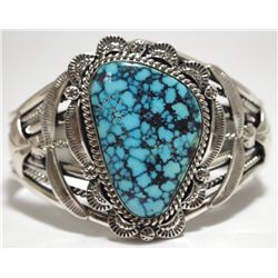 Navajo Spider Web Kingman Turquoise Sterling Silver Cuff Bracelet - Mary Ann Spencer