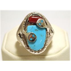 Zuni Coral & Turquoise Sterling Silver Snake Men's Ring - Effie Calavaza